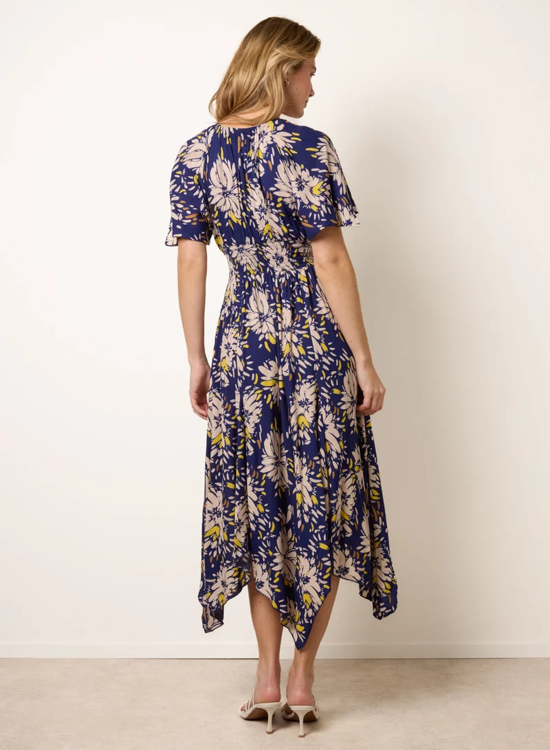 Blue Vanilla Shirred Waist Hanky Hem Dress