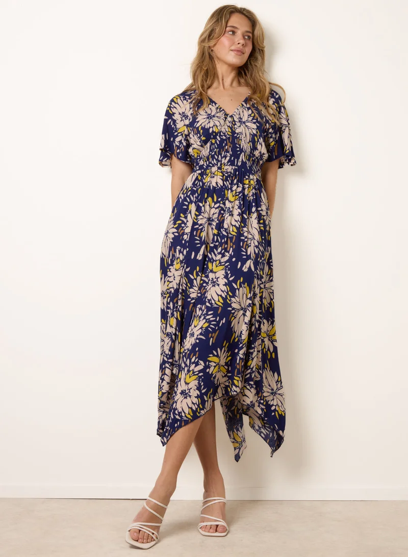 Blue Vanilla Shirred Waist Hanky Hem Dress