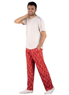 Jet Men Summer Pajama Set Plain Top V Neck & Printed Bottom - Red  - Image 1