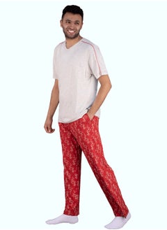 Jet Men Summer Pajama Set Plain Top V Neck & Printed Bottom - Red  - Image 2