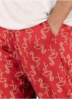 Jet Men Summer Pajama Set Plain Top V Neck & Printed Bottom - Red  - Image 3