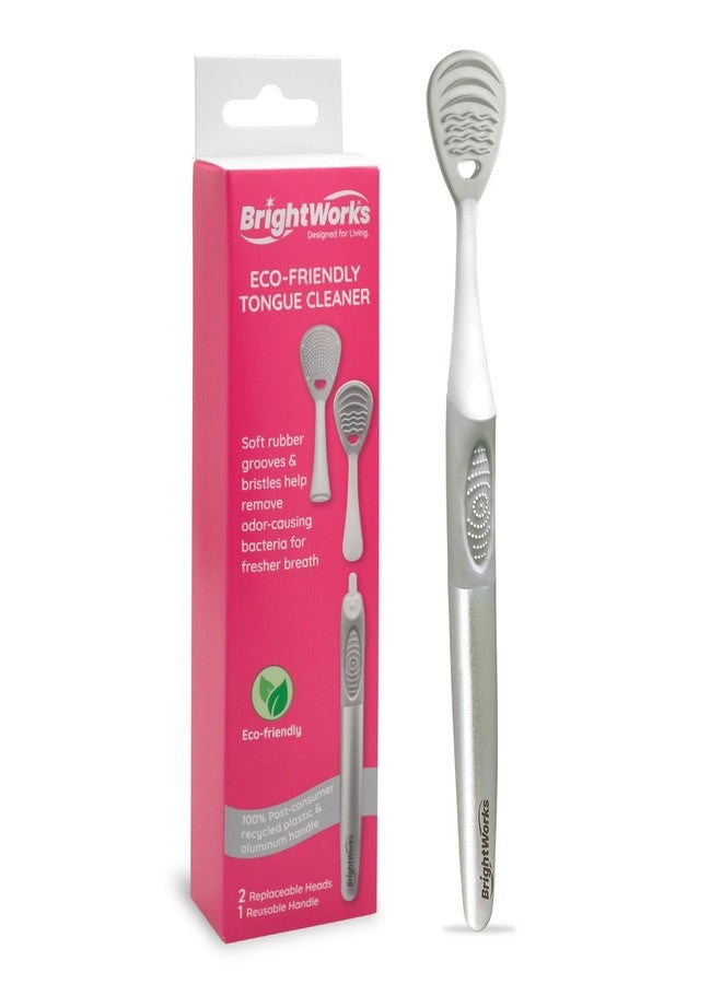 Brightworks ECO Tongue Cleaner – 100% PCR with Aluminum Handle - Dual-Sided Soft Rubber Grooves & Bristle Design - 2 Replaceable Heads + 1 Reusable Handle for Fresher Breath - Image 1