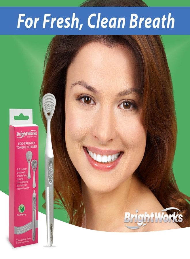 Brightworks ECO Tongue Cleaner – 100% PCR with Aluminum Handle - Dual-Sided Soft Rubber Grooves & Bristle Design - 2 Replaceable Heads + 1 Reusable Handle for Fresher Breath - Image 2