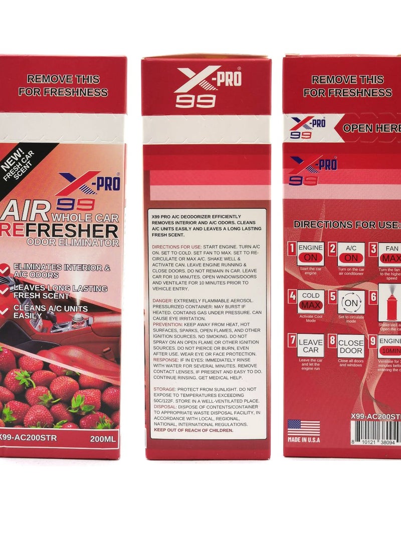 X Pro 99 5PCS  X-PRO 99 Air Refresher Whole Car Odor Eliminator Spray 200ml Strawberry Fresh Scent A/C Vent Cleaner Interior Cabin Freshener Long Lasting Car Fragrance Spray for Cars SUVs Vans Trucks - Model X99-AC200STR - Image 5