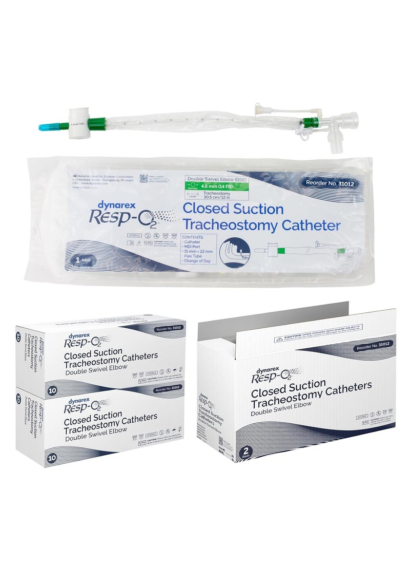 Dynarex Dynarex Trach Suction Catheter - Closed Suction Tracheal Professional Medical Catheters for Patients on Ventilator - Tracheostomy Supplies for Respiratory Tract - Double Swivel Elbow, 14FR, 20 Count 