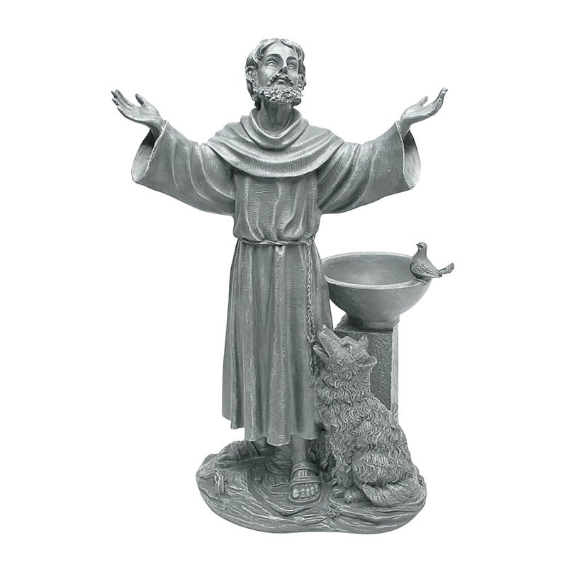 Design Toscano Francis of Assisi Blessing Religious Garden Decor Statue with Bird Bath Feeder 19 inches Tall Cast Stone Resin Gray Stone Finish