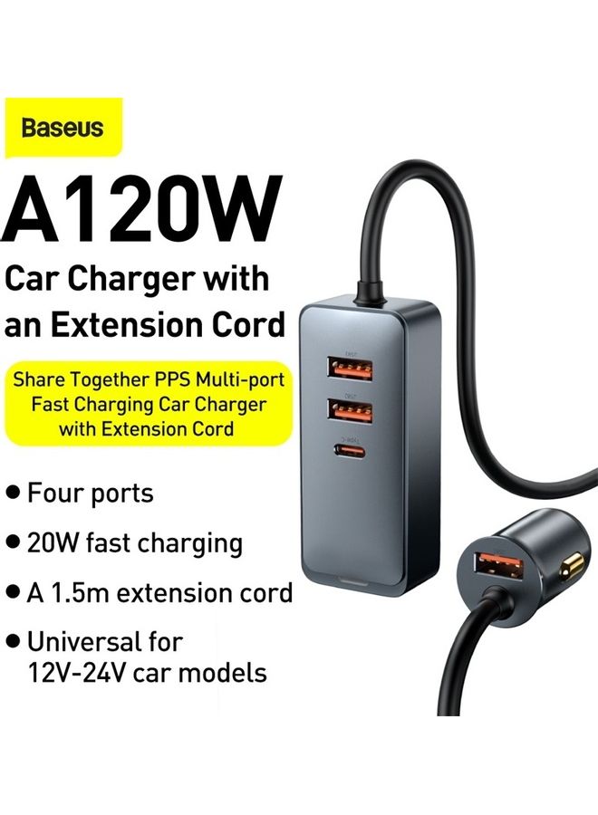 120W Multi USB Car Charger 【QC3.0  PD 3.0】 30Wx4 Ports Fast Car Charger USB C for Phones/Tablets/Switch, 5FT Cable for Back Seat Charging -CCBT (3 USB + 1 TYPE C) Grey - Image 2