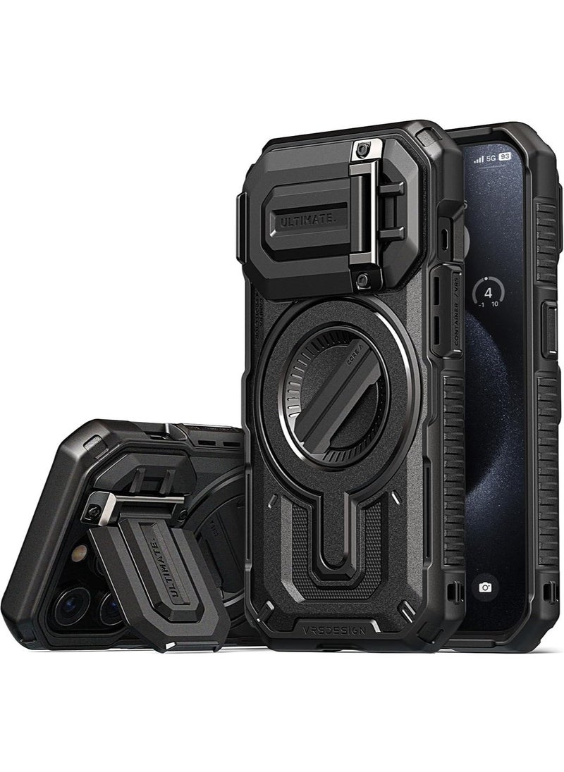 VRS Design Terra Guard Ultimate iPhone 15 PRO Case Cover MagSafe Compatible with Camera Lens Protector Kickstand - Black  - Image 1