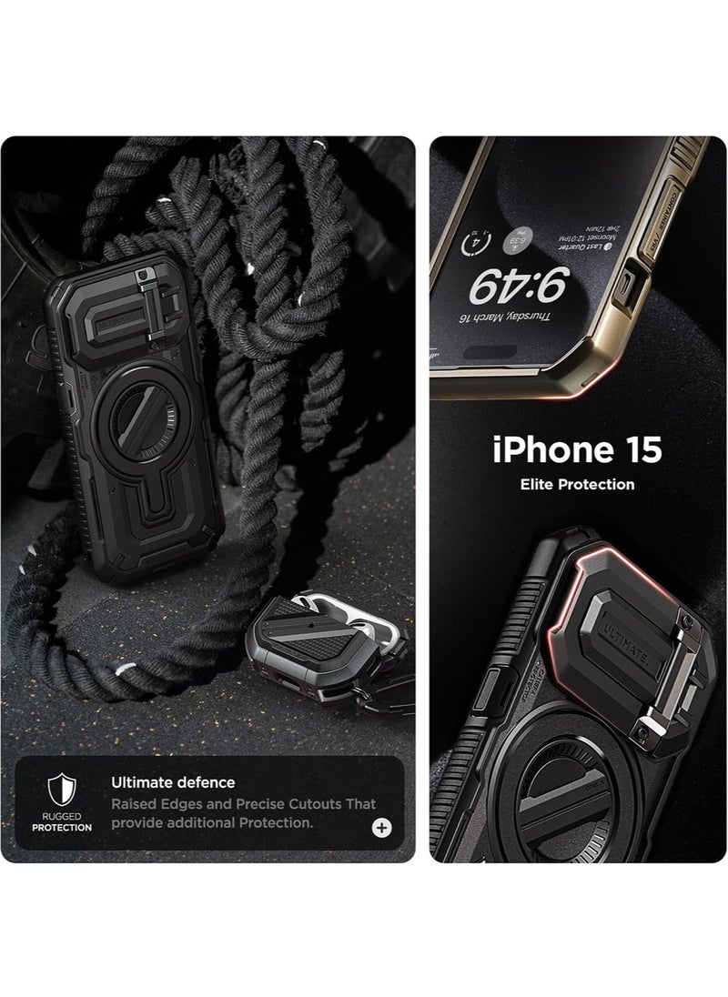 VRS Design Terra Guard Ultimate iPhone 15 PRO Case Cover MagSafe Compatible with Camera Lens Protector Kickstand - Black  - Image 2