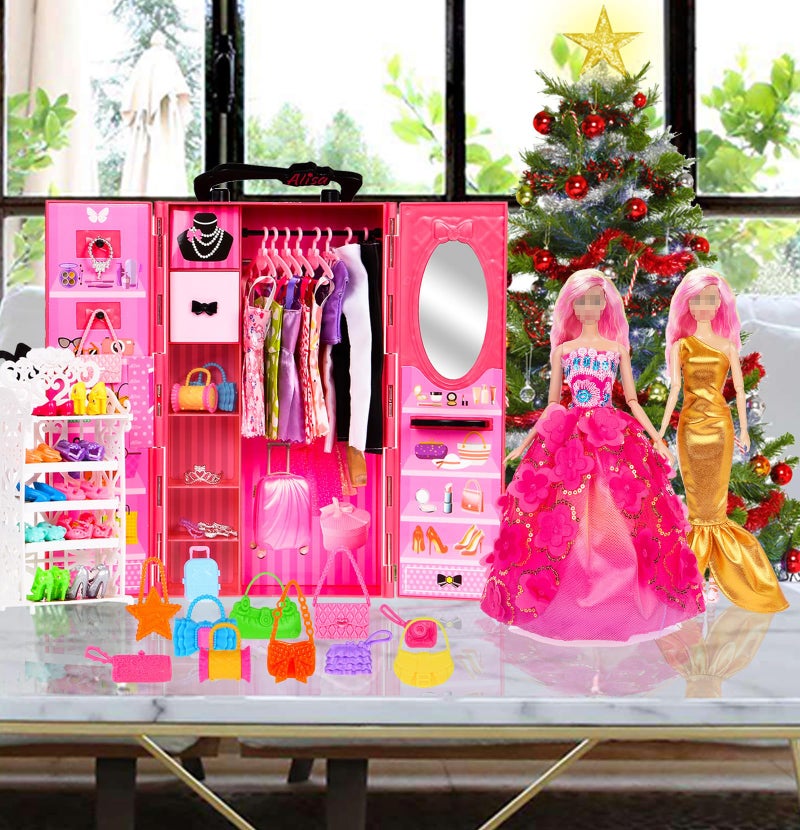 ebuddy 105 Pcs Doll and Closet Plyaset- Wardrobe Set Including One Doll,Wardrobe, Shoes Rack, Dress, Shoes Hangers, Necklace - Image 5