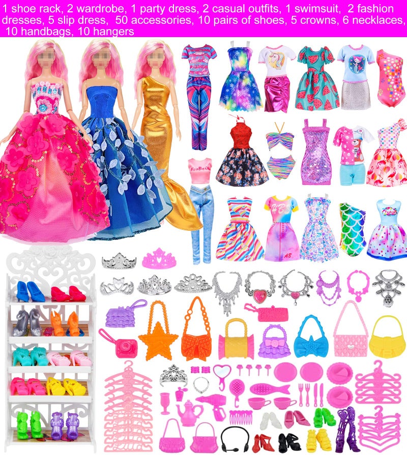ebuddy 105 Pcs Doll and Closet Plyaset- Wardrobe Set Including One Doll,Wardrobe, Shoes Rack, Dress, Shoes Hangers, Necklace - Image 3