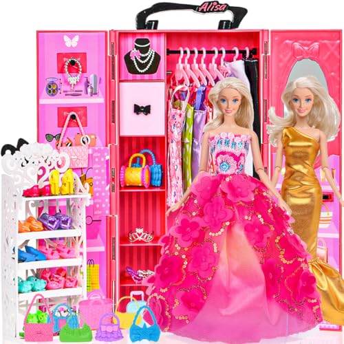 ebuddy 105 Pcs Doll and Closet Plyaset- Wardrobe Set Including One Doll,Wardrobe, Shoes Rack, Dress, Shoes Hangers, Necklace - Image 1