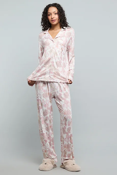 أر أند بي Patterned Lapel Collar Pyjama Set