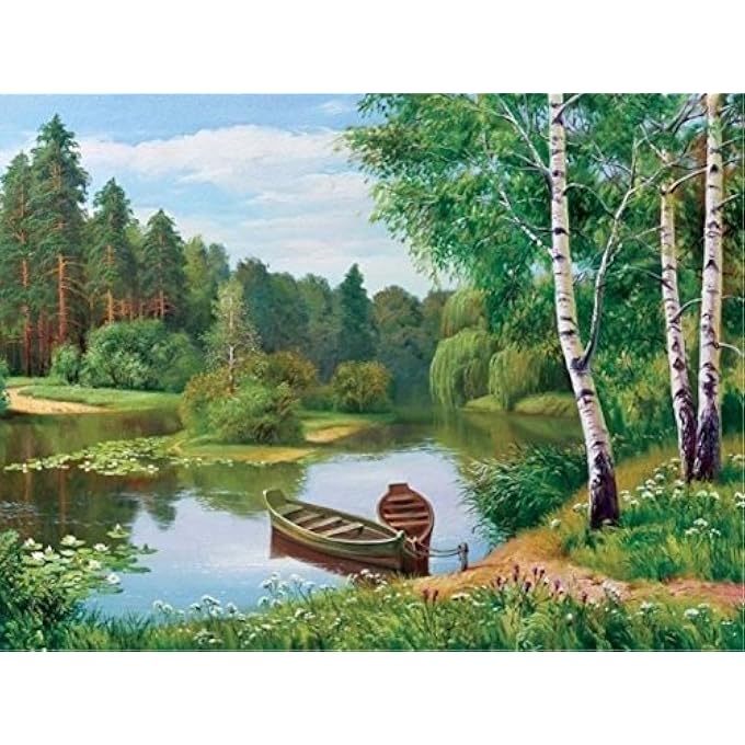 Wowdecor PAINT BY NUMBERS KITS FOR ADULTS KIDS, NUMBER PAINTING - FOREST GREEN TREES LAKE BOAT SCENERY 16X20 INCH (FRAMELESS) - Image 1