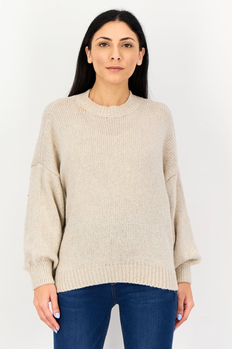 Pink Rose Women Crew Neck Textured Sweaters, Light Beige - Image 1