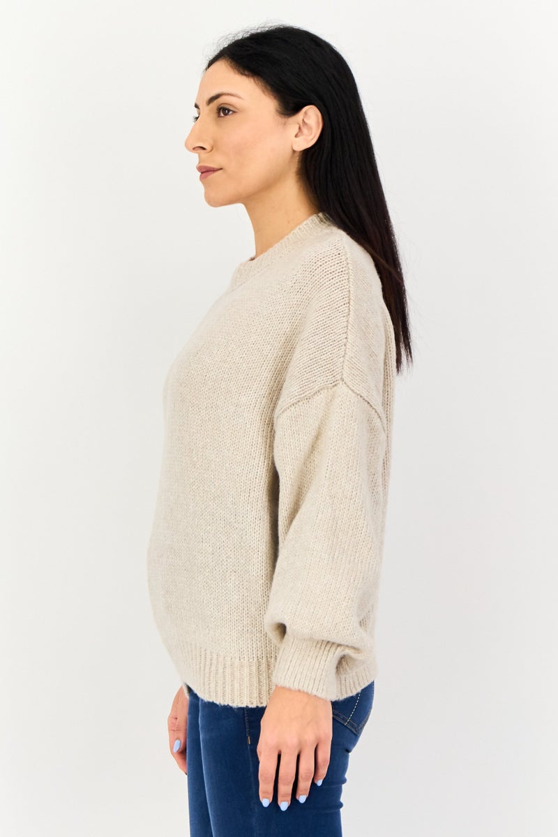 Pink Rose Women Crew Neck Textured Sweaters, Light Beige - Image 3