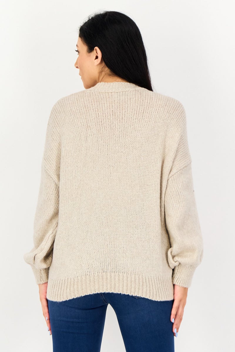 Pink Rose Women Crew Neck Textured Sweaters, Light Beige - Image 4