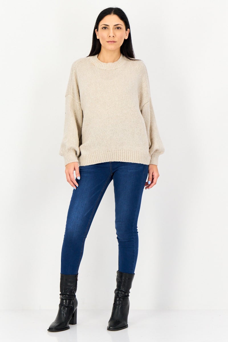 Pink Rose Women Crew Neck Textured Sweaters, Light Beige - Image 2