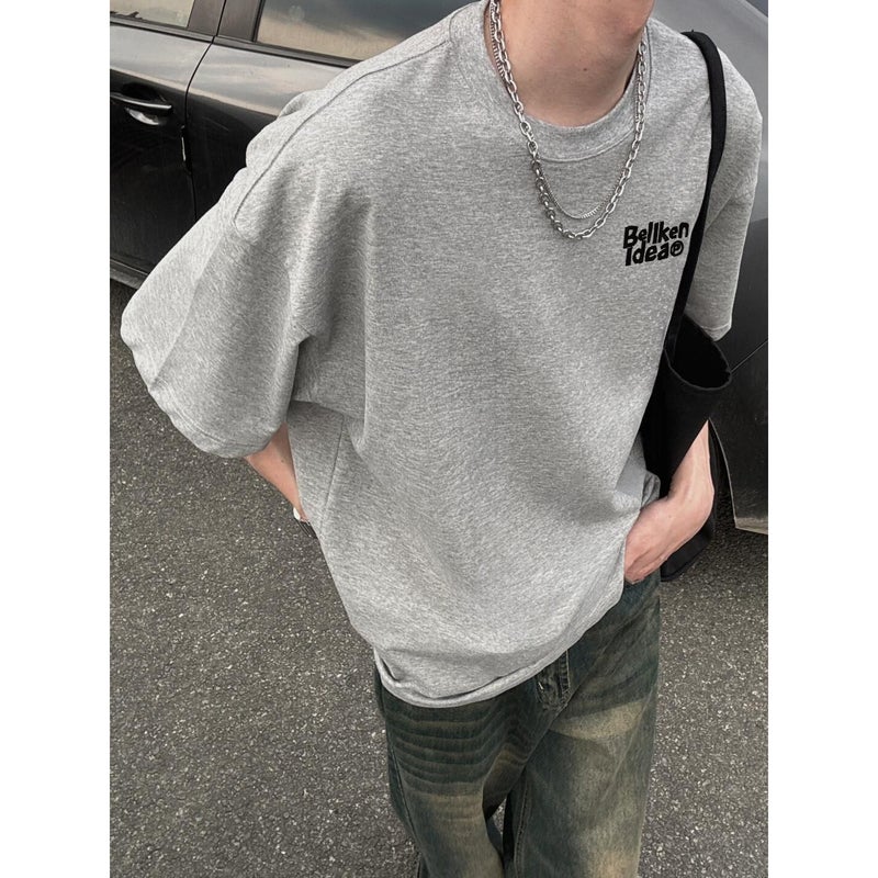Flower gray Japanese cityboy letter print short-sleeved t-shirt men's summer heavyweight pure cotton trendy minimalist top - Image 3
