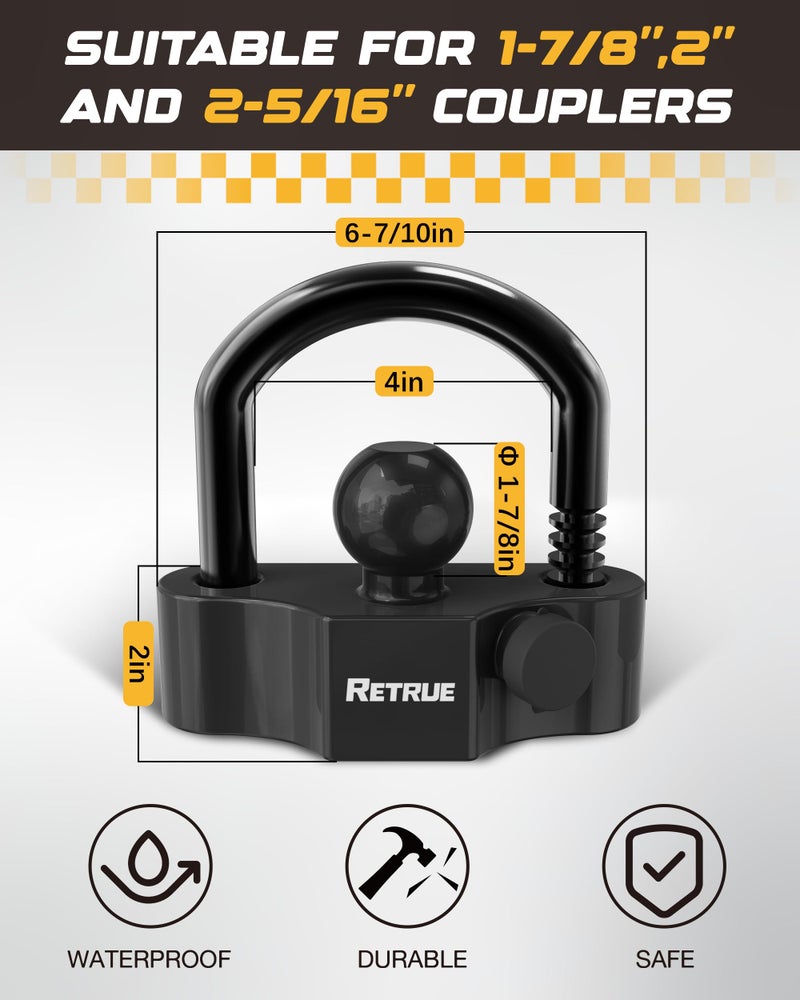 RETRUE Universal Coupler Lock Trailer Locks Ball Hitch Trailer Hitch Lock Adjustable Security Heavy-Duty Steel Fits 1-7/8 Inch, 2 Inch, 2-5/16 Inch Couplers Black - Image 2