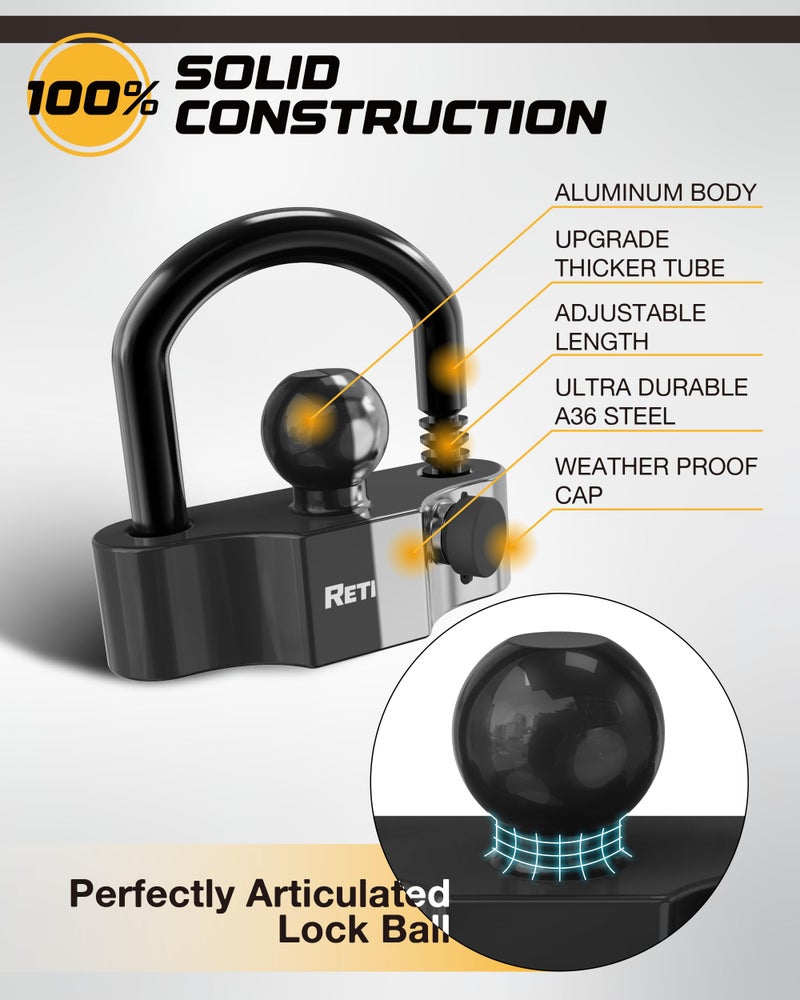 RETRUE Universal Coupler Lock Trailer Locks Ball Hitch Trailer Hitch Lock Adjustable Security Heavy-Duty Steel Fits 1-7/8 Inch, 2 Inch, 2-5/16 Inch Couplers Black - Image 3