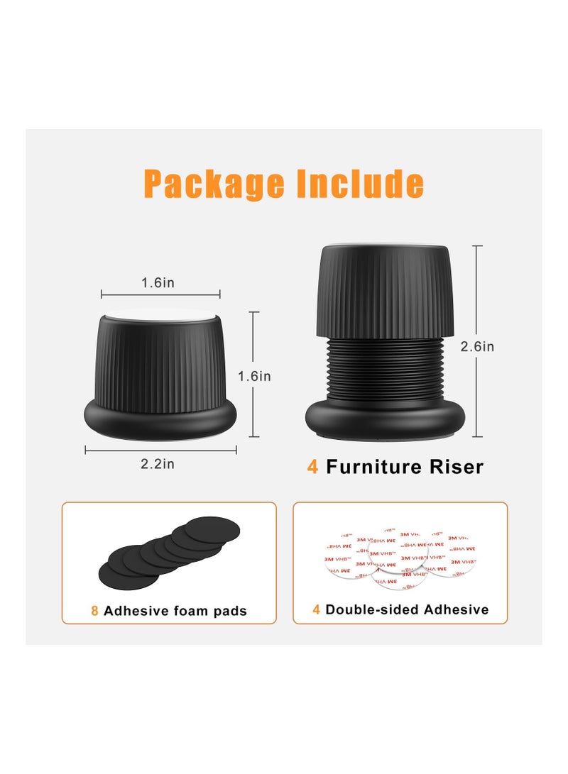 Adjustable Furniture Bed Risers, 1.6-2.6 Furniture Anti-Shake Tools, Self-Adhesive Plastic Anti Slip Round Couch Risers for Bed, Sofa, Desk and Chair Legs, 4 Pcs (Black) - Image 5