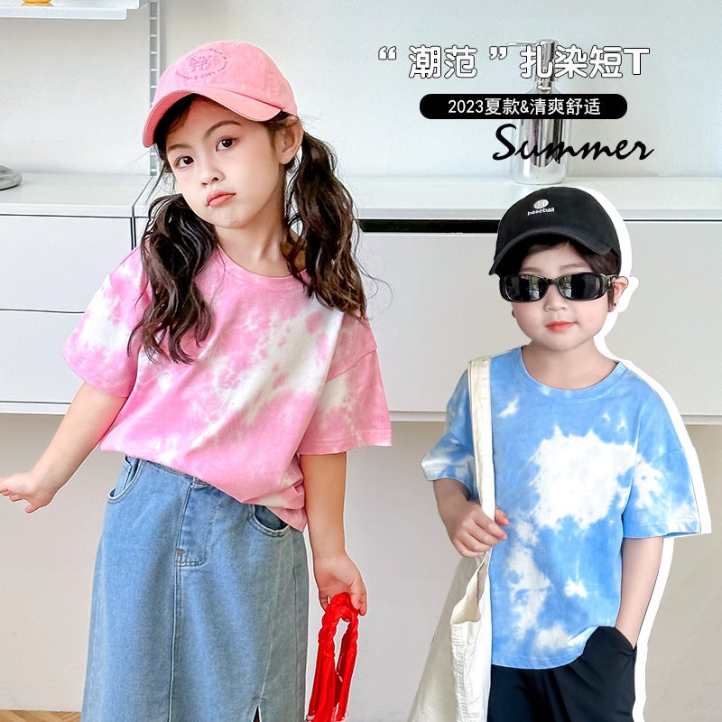 Children'S Short-Sleeved 2025 Lightweight Breathable Top Tie-Dyed Skin-Friendly Pure Cotton Fashionable Children'S Western Style T-Shirt - Image 2