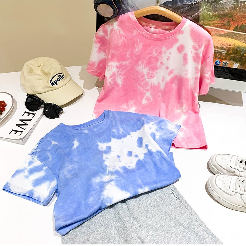 Children'S Short-Sleeved 2025 Lightweight Breathable Top Tie-Dyed Skin-Friendly Pure Cotton Fashionable Children'S Western Style T-Shirt - Image 3