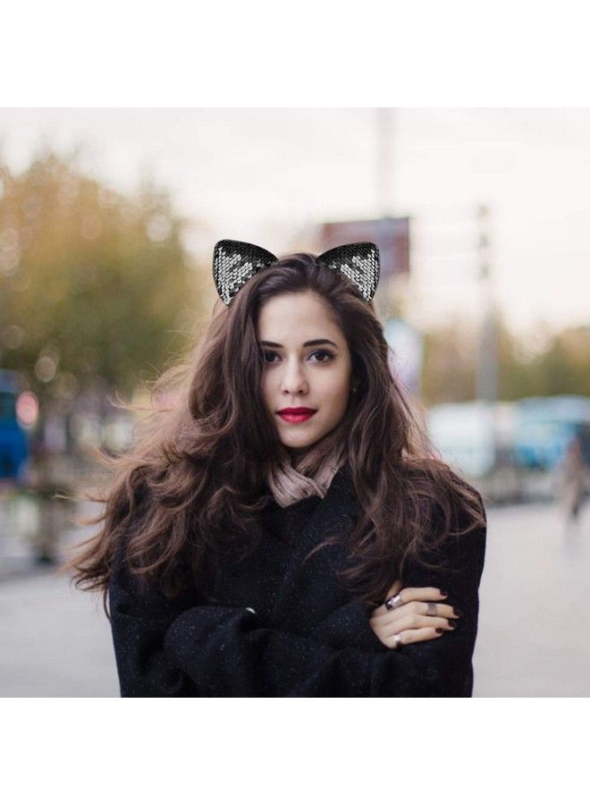 WXJ13 10 Pieces Cat Ears Headbands Reversible Sequins Headbands Hair Accessories For Girls And Women - Image 3