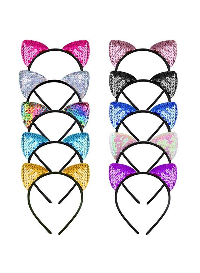 WXJ13 10 Pieces Cat Ears Headbands Reversible Sequins Headbands Hair Accessories For Girls And Women - Image 2