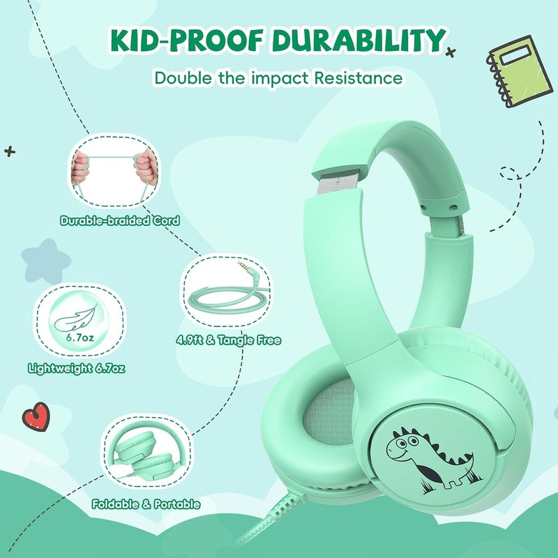 Botesty Sound Kids Headphones with Cord, 85/94dB Volume Limit, Wired Over-Ear Headphones for Kids Boys Girls with Microphone, 4.9ft Long No-Tangle Cord, Stereo Sound 3.5mm Plug for Kindle Tablet School, Green - Image 4