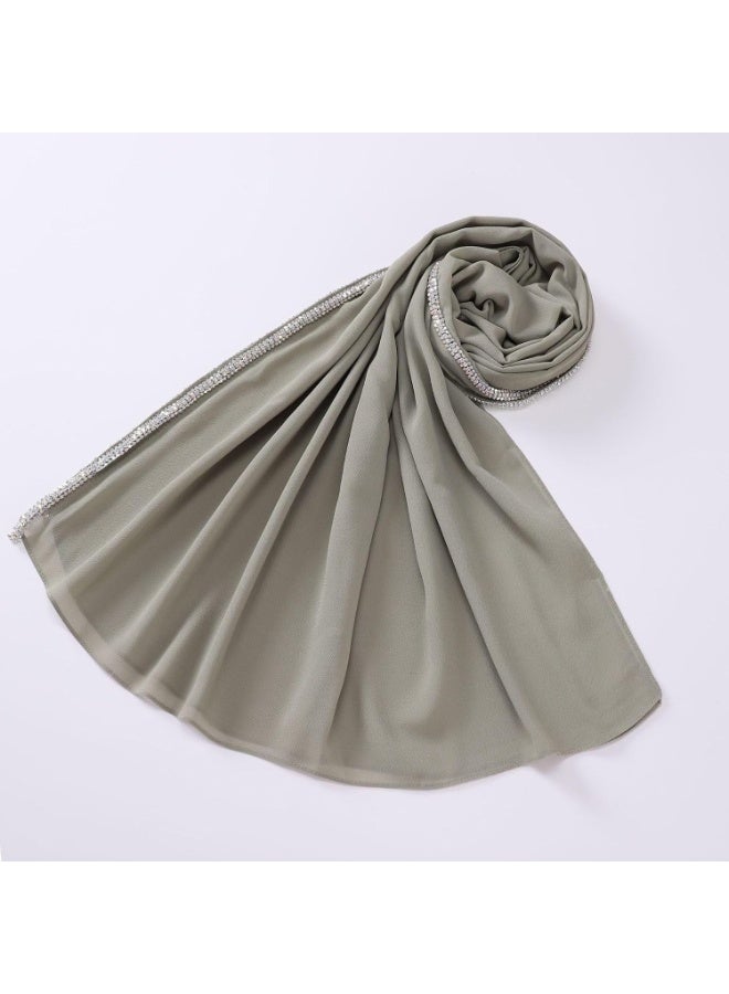 2Pcs Light Green Rhinestone Pearl Chiffon Hijab Scarf 180x70cm, Sparkling Silver Beaded Trim Muslim Women Head Wrap for Worship Party Daily Wear - Image 3