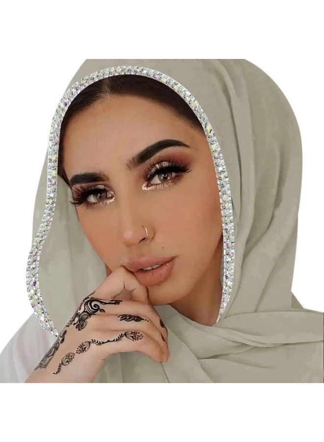 2Pcs Light Green Rhinestone Pearl Chiffon Hijab Scarf 180x70cm, Sparkling Silver Beaded Trim Muslim Women Head Wrap for Worship Party Daily Wear - Image 1