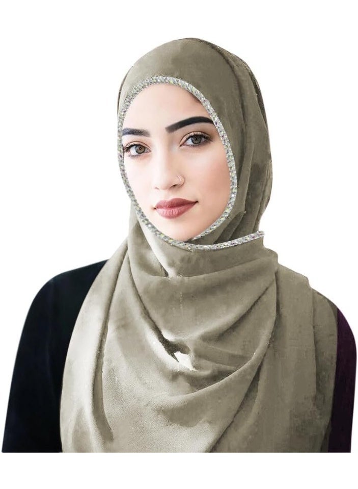 2Pcs Light Green Rhinestone Pearl Chiffon Hijab Scarf 180x70cm, Sparkling Silver Beaded Trim Muslim Women Head Wrap for Worship Party Daily Wear - Image 2