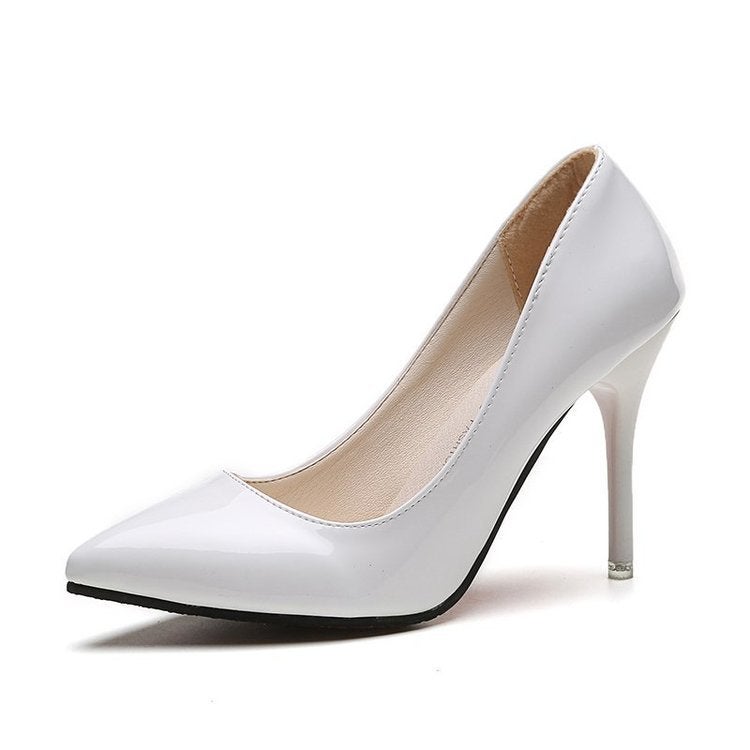 European Station plus size Nude Stiletto Heels Womens Pointed Toe Black Work Shoes Patent Leather Shallow Red Wedding Shoes White 10cm