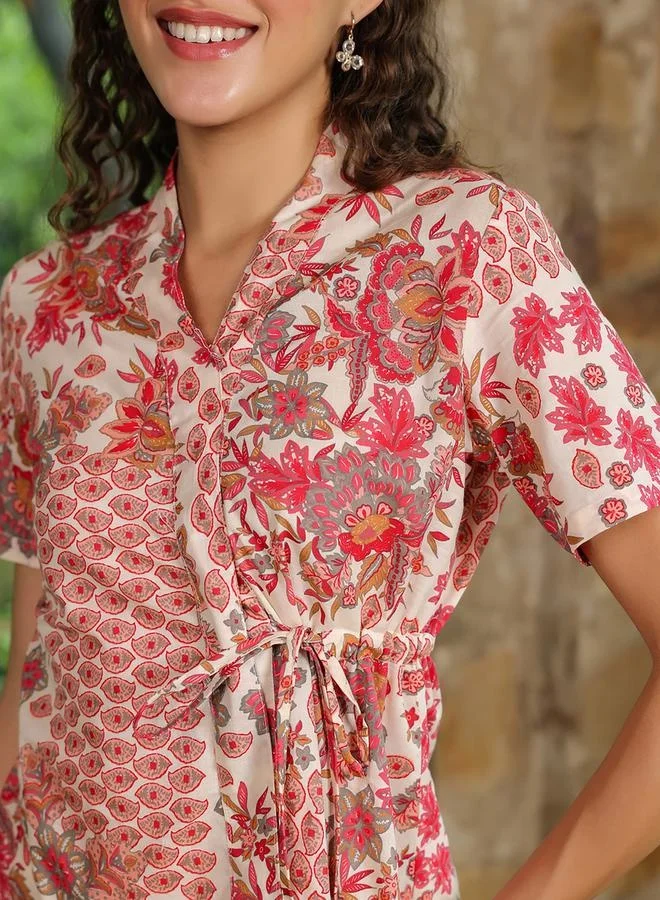 sanskrutihomes sanskrutihomes Floral Printed Cotton Top and Shorts Set with Tie Detail