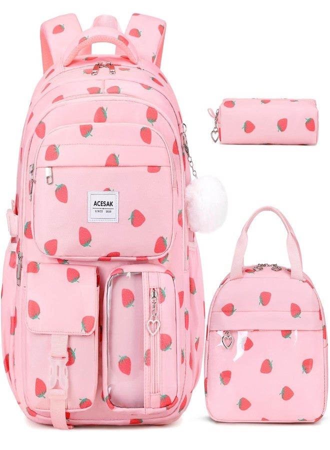 ACESAK Backpack with lunch bag, Pink Strawberry, Large, Backpack - Image 1