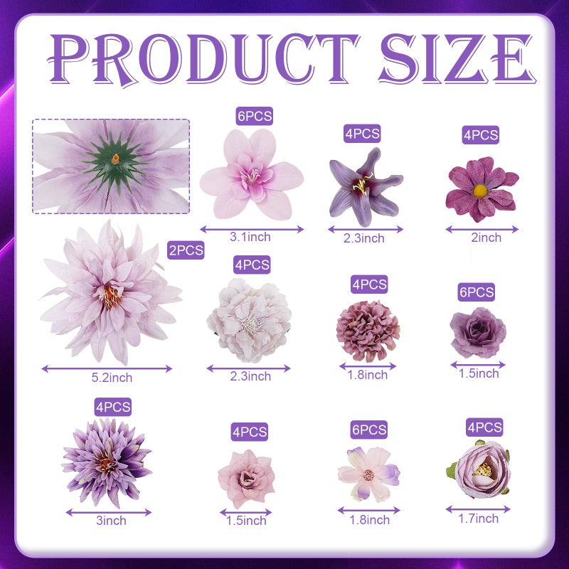 LACGO 48 PCS Artificial Flowers Heads, Fake Daisy Heads Bulk Silk Faux Rose DIY Cake Decor Blossom Garland Wreath Bouquets Crafts for Halloween Wedding Bridal Baby Shower Home Party Decoration(Purple) - Image 2