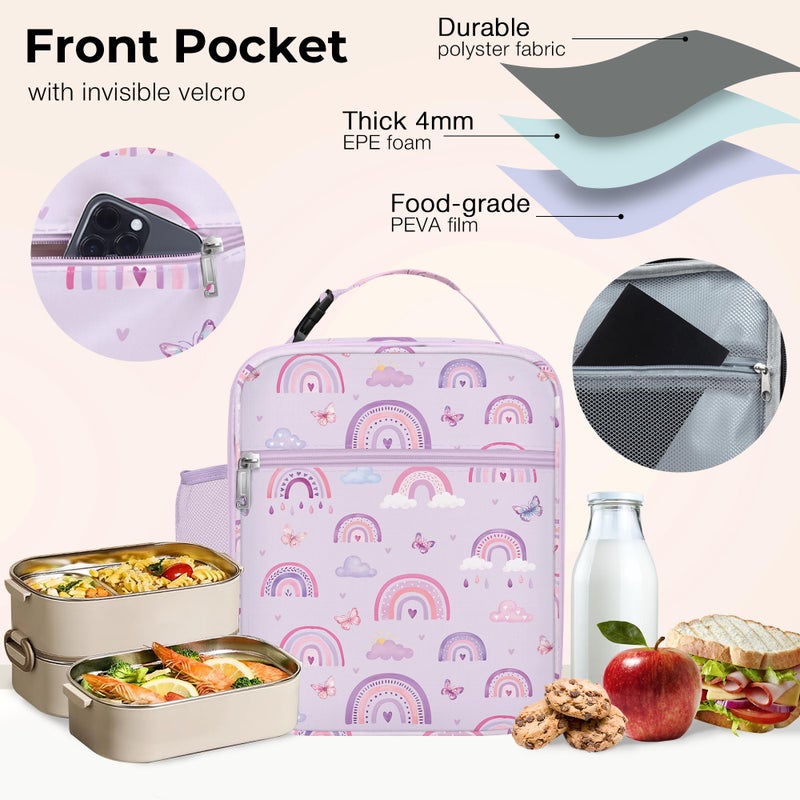 Clastyle Rainbow Insulated Kids Lunch Bag Large Thermal Cooler Bag for Girls Picnic School Toddler Lunch Box Tote,Purple - Image 5