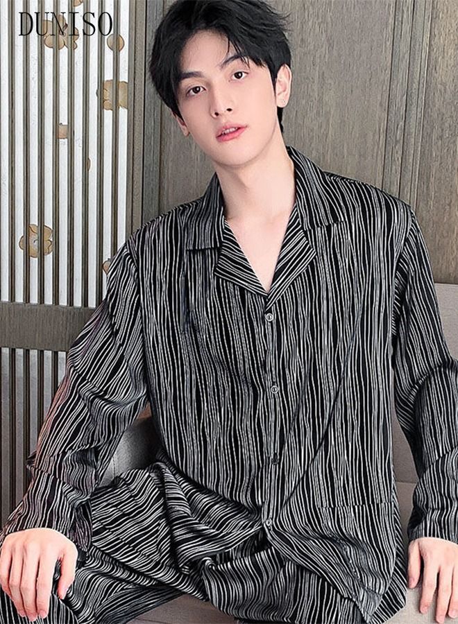 DUNISO 2-piece Men' s Pajama Set Silk Satin Long Sleeve Sleepwear with Button Classic Loungewear Nightwear Notch Neck Shirt and Waist Elastic Pants Pajama for Men - Image 4