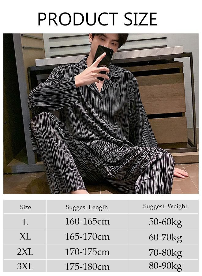 DUNISO 2-piece Men' s Pajama Set Silk Satin Long Sleeve Sleepwear with Button Classic Loungewear Nightwear Notch Neck Shirt and Waist Elastic Pants Pajama for Men - Image 2