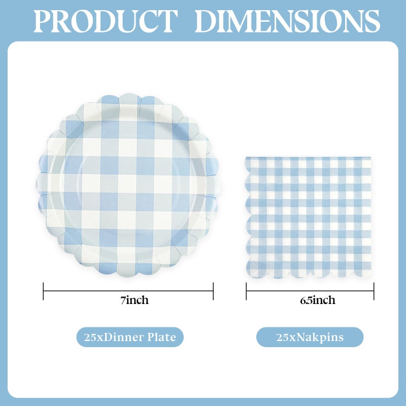 PUEVENYI 50PCS Light Blue Gingham Party Supplies - 7Inch Blue Scalloped Dessert Paper Plates and Napkins Set Disposable Plaid Dinner Party Set Cutlery for Baby Shower Birthday Wedding, Serve 25 - Image 2