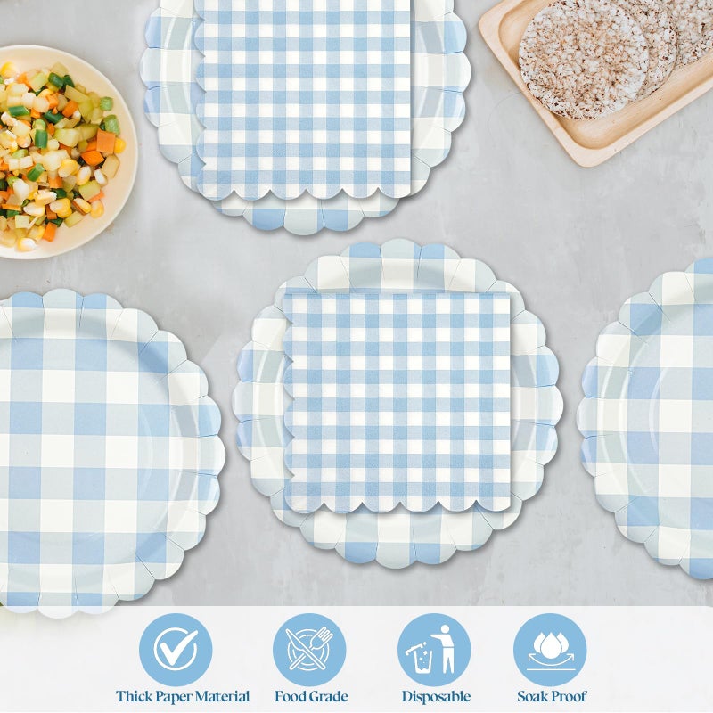 PUEVENYI 50PCS Light Blue Gingham Party Supplies - 7Inch Blue Scalloped Dessert Paper Plates and Napkins Set Disposable Plaid Dinner Party Set Cutlery for Baby Shower Birthday Wedding, Serve 25 - Image 4