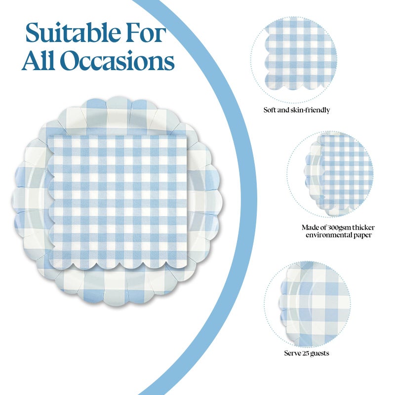 PUEVENYI 50PCS Light Blue Gingham Party Supplies - 7Inch Blue Scalloped Dessert Paper Plates and Napkins Set Disposable Plaid Dinner Party Set Cutlery for Baby Shower Birthday Wedding, Serve 25 - Image 3