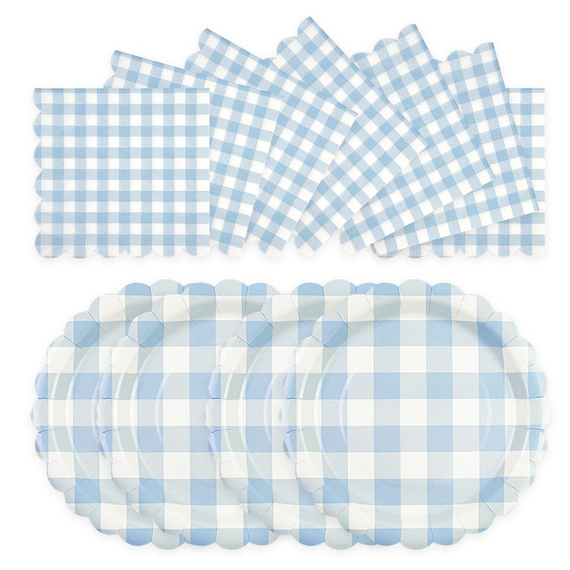 PUEVENYI 50PCS Light Blue Gingham Party Supplies - 7Inch Blue Scalloped Dessert Paper Plates and Napkins Set Disposable Plaid Dinner Party Set Cutlery for Baby Shower Birthday Wedding, Serve 25 - Image 1
