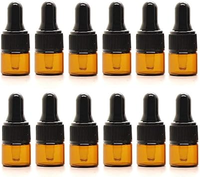 VASANA 12PCS 1ML Empty Refill Mini Amber Glass Essential Oil Dropper Bottles Jars Packing Vials with Black Rubber Cap Cosmetic Perfume Sample Travel Liquid Storage Containders Makeup Beauty Tool - Image 1