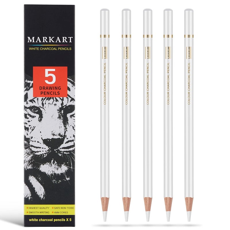 MARKART Professional White Charcoal Pencils Set, 5 Pieces White Sketch Pencils White Chalk Pencils for Drawing, Sketching, Shading, Blending - Image 1
