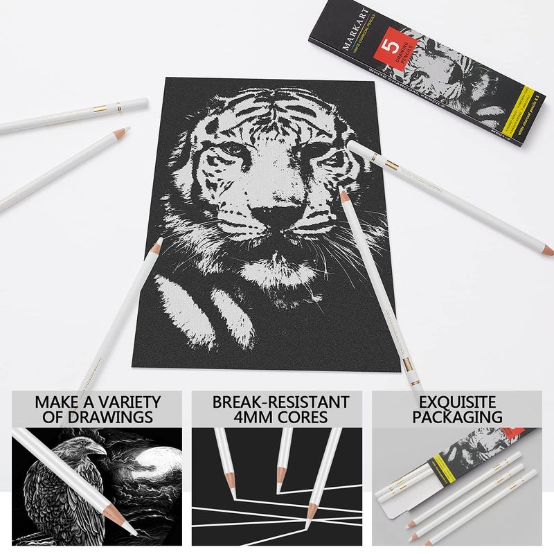 MARKART Professional White Charcoal Pencils Set, 5 Pieces White Sketch Pencils White Chalk Pencils for Drawing, Sketching, Shading, Blending - Image 4