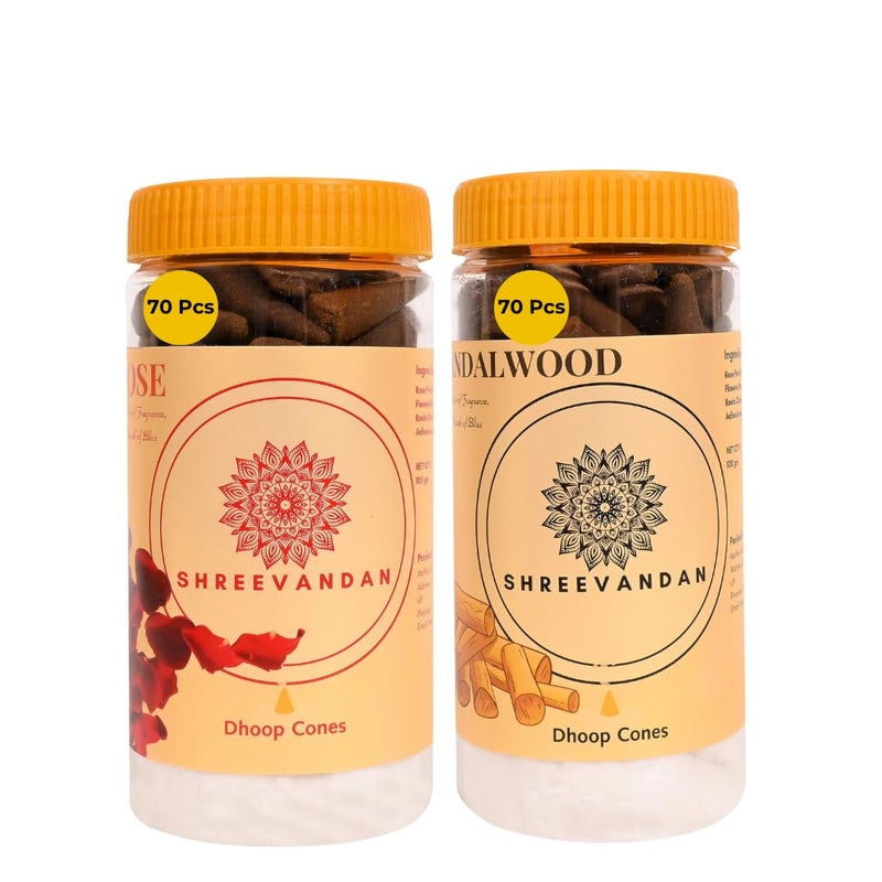 ShreeVandan Dhoop Cones Combo Sandalwood Rose Handcrafted Natural Incense for Meditation Pooja and Relaxation 70 Cones of Each Fragrance 140 Cones Total - Image 1
