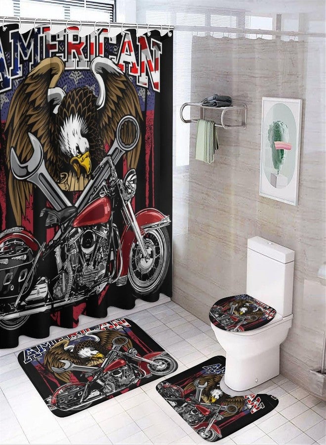 FBMLBRB Brebasf Funny Motorcycle Theme 4 Pcs Shower Curtain Bathroom Set Vintage Anime American Flag Eagle Red Motorcycle Shower Mat Shower Curtain with Rug 12 Hooks,72" W x 72" L - Image 1
